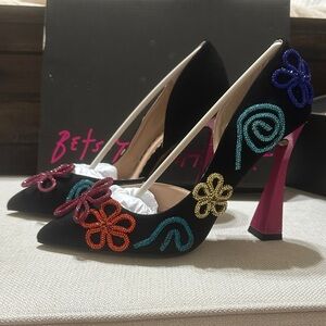 Betsey Johnson Black Heels with Multicolor Embroidery